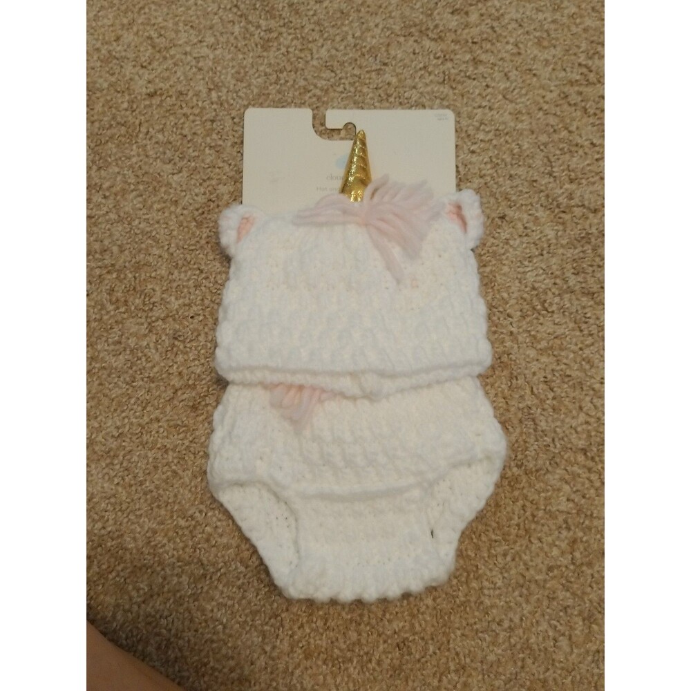 Cloud Island Hat and Diaper Cover Crochet Unicorn White Pink Gold Ages 0+
